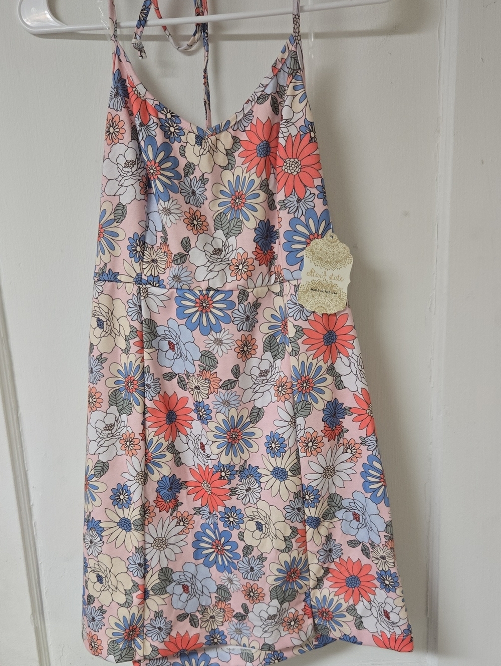 Altar'd State Pink Floral Tie-Strap Dress with Blue and Cream Flowers